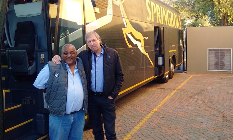 Waited a long time to crack the Springboks bus! With happy hooker Dale Sandton to SA Rugby Legends golf day.
