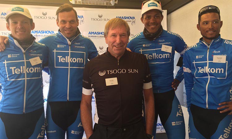 With teamtelkom for tsogosun amashova launch. Keep being mistaken for Chris Froome