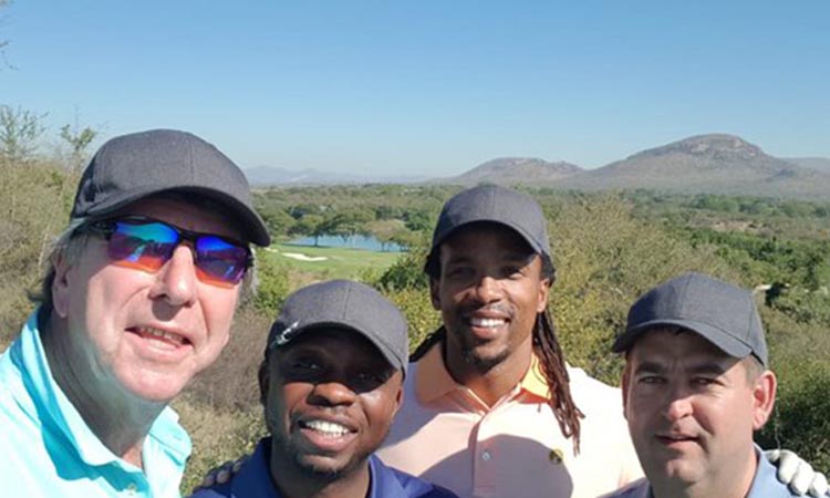 It’s not all about the golf. The 15th at #leopardcreek with Odwa Ndungane,Tshifhiwa Makhari and Christo Alberts. @vodacom #redgolftour epic tour!